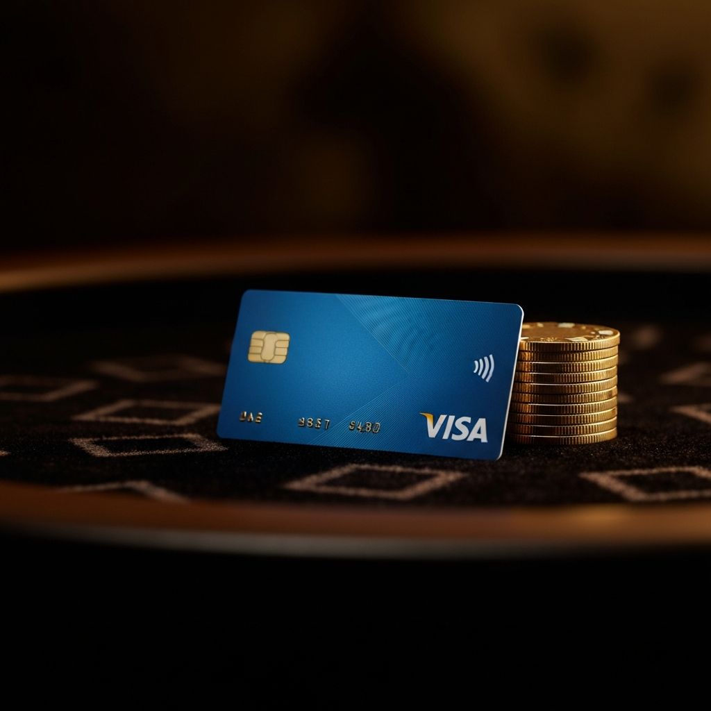 Visa kartica na casino stolu s plavim osvjetljenjem i zlatnim žetonima